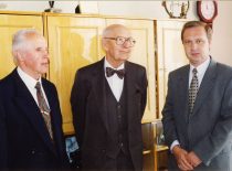 A. Damušis with Dean prof. K. Sasnauskas and Vice-Dean prof. R. Šiaučiūnas at KTU Faculty of Chemical Technology, 1996. (From the chronicle of KTU Faculty of Chemical Technology)