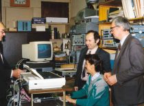 Researchers of the ultrasonic technology (from the left): senior researcher K. Kundrotas, dr. L. Mažeika, researcher G. Naruševičienė and dr. R. Šliteris, 1990.