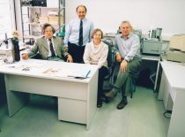 Senior researcher A. Voleišis, dr. L. Mažeika, dr. B. Voleišienė and dr. R. Šliteris after successful testing of the ultrasonic blood coagulation testing system, 1997.