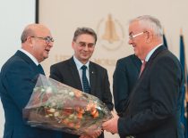 In 2018, The Prize of the Best Scientist of Kaunas City was awarded to habil. dr. prof. R. J. Kažys. In the photograph: R. J. Kažys is congratulated by Kaunas City Mayer V. Matijošaitis and President of the Lithuanian Academy of Sciences J. Banys.