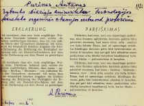 A. Purėno pareiškimas, kad jo šeimoje nėra žydų kilmės asmenų, 1942 m. (Originalas – KTU archyve)