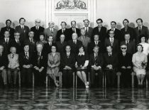 During the granting of the awards and honorary titles at the Presidium Chamber of the LSSR Supreme Council, 1978. From the left: 3rd in the 1st row – poet J. Marcinkevičius, 6th – chairman of the Presidium of the LSSR Supreme Council A. Barkauskas, 8th – folk artist A. Vansevičius; in the 2nd row – 9th – boxer A. Šocikas; 5th in the 3rd row – honoured inventor P. Varanauskas.