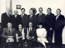The Council of KPI Faculty of Chemical Technology at the dean’s office, 1983. Sitting (from the left): prof. R. Baltrušis (Head of the Department of Organic Chemistry), prof. V. Zelionkaitė (Head of the Department of Inorganic Chemistry), prof. K. Sasnauskas (Dean), doc. O. Petruševičiūtė (Head of the Department of General Chemistry). Standing: prof. J. Bernatonis (Head of the Department of Foods), prof. A. Paulauskas (Head of the Department of Organic Technology), doc. Z. J. Beresnevičius (Chairman of the Trade Union Committee), prof. E. Pacauskas (Head of the Department of Physical Chemistry), doc. J. Vitkus (Vice-Dean), doc. V. Klusis (Vice-Dean), doc. J. Musnickas (Party Secretary).