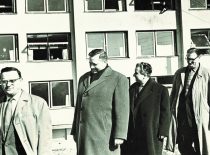 Rector prof. K. Baršauskas with the members of the Rectorate A. Martynaitis, R. Chomskis and H. Petrusevičius inspect the construction of the student dormitory, 1963.