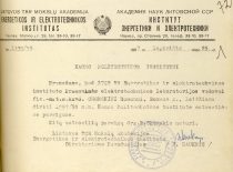The report of the Institute of Energy and Electrotechnics at the Lithuanian SSR Academy of Sciences stating that R. Chomskis is permitted to work in an additional part-time job position at KPI, 1957. (The original is at KTU archive)