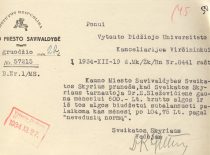 Kauno m. savivaldybės Sveikatos skyriaus vedėjo K. Griniaus raštas VDU kanceliarijos viršininkui apie tarnautojos E. Sleževičienės atlyginimą, 1934 m. (Originalas – KTU archyve)