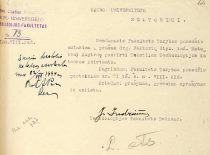 Technologijos fakulteto dekano J. Indriūno prašymas rektoriui paskirti A. Matukonį Tekstilės technologijos katedros asistentu, 1944 m. (Originalas – KTU archyve)