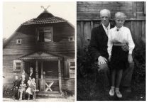 At the family’s Medvilioniai Manor: on the left – A. Gravrogkas with his wife, sister Rozalija and the family of his son Vytautas-Kristupas, 1956; on the right – with daughter Dita, 1957. (The original is in the Gravrogkas family archive)