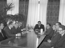 Meeting of the Rectorate, 1967. From the left: R. Jonušas, J. Deltuva, A. Čyras, R. Chomskis, M. Martynaitis, Č. Jakimavičius, P. Švenčianas, H. Petrusevičius, K. Paulauskas.