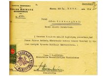 Notification by the Ministry of Internal Affairs stating that the Burmaster (Mayor) of Kaunas City A. Gravrogkas is permitted to teach at Vytautas Magnus University, 1932. (The original is in KTU archive)
