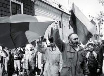 A. Patackas is raising the national flag on the tower of the War Museum in Kaunas, 9 October 1988. A. Patackas in Italy where he gave lectures about Lithuania, 1989.
