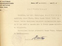 Kauno valstybinio taikomosios-dekoratyvinės dailės instituto pažymėjimas, kad A. Matukonis dėsto institute ir gauna valandinį atlyginimą, 1948 m. (Originalas – KTU archyve)