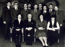 Prof. K. Sasnauskas with the team of the Department of Silicate Technology, 1982 (from KTU Photo Archive)