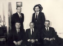 Dean’s Office of KPI Faculty of Chemical Technology, 1985. In the 1st row from the left: Assoc. Prof. V. Klusis, Dean Prof. K. Sasnauskas, Assoc. Prof. J. Vitkus, in the 2nd row: Assoc. Prof. J. Musnickas and Assoc. Prof. Z. J. Beresnevičius, 1985 (from KTU Photo Archive)