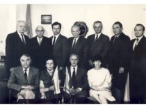 Council of KPI Faculty of Chemical Technology at the Dean’s office, 1983. Seated (from the left): Prof. R. Baltrušis (Head of the Department of Organic Chemistry), Prof. V. Zelionkaitė (Head of the Department of Inorganic Chemistry), Prof. K. Sasnauskas (Dean), Assoc. Prof. O. Petruševičiūtė (Head of the Department of General Chemistry). Standing: Prof. J. Bernatonis (Head of the Department of Food Products), Prof. A. Paulauskas (Head of the Department of Organic Technology), Assoc. Prof. Z. J. Beresnevičius (Chairman of the Trade Union Committee), Prof. E. Pacauskas (Head of the Department of Physical Chemistry), Assoc. Prof. J. Vitkus (Vice-Dean), Assoc. Prof. V. Klusis (Vice-Dean), Assoc. Prof. J. Musnickas (Partorg (party organiser)).