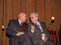 Former Deans of the Faculty of Electrical Engineering Assoc. Prof. A. Barauskas and Prof. S. Masiokas celebrate the 50th anniversary of the faculty, 1997 (KTU Photo Archive, photograph by J. Klėmanas)