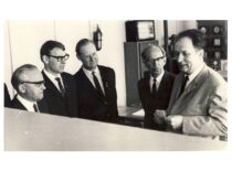 Prof. L. Kaulakis (2nd from the right) with colleagues from KPI Faculty of Electrical Engineering. From the left: 2nd – A. Nargėlas, 3rd – E. Vaineikis, 4th – L. Kaulakis. (the original photograph is at KTU Museum)