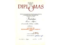 Diploma of the Laureate of the Republican Prize of the Lithuanian SSR, 1967 (the original document is at KTU Museum)