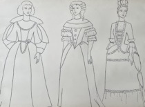 17th century European women&rsquo;s clothing. Drawing by M. Matu&scaron;akaitė, 1981. (the original drawing is at KTU Museum)