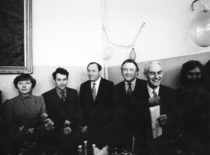 Celebration at the Department of Organic Chemistry, circa 1980. Photograph (from the left): Prof. A. Žemaitaitis, Assoc. Prof. S. Rutkauskas, Prof. S. Kutkevičius, Prof. A. Paulauskas (family archive of Prof. S. Kutkevičius)
