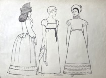 18th century European townswomen's clothing. Drawing by M. Matu&scaron;akaitė, 1981. (the original drawing is at KTU Museum)