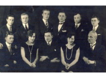 3rd year students of physics and mathematics, 1928. K. Bar&scaron;auskas stands 1st from the right. (the original photograph is at KTU Museum)