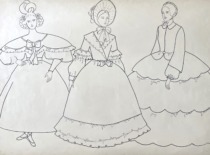 1st half of the 19th century European noblewomen&rsquo;s clothing. Drawing by M. Matu&scaron;akaitė, 1981. (the original drawing is at KTU Museum)