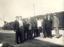 At Joni&scaron;kis station on the way to the excursion in Riga with Prof. K. Sleževičius, 1929. (the original photograph is at KTU Museum)