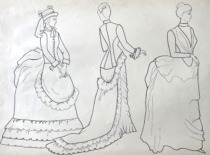 2nd half of the 19th century European noblewomen&rsquo;s clothing. Drawing by M. Matu&scaron;akaitė, 1981. (the original drawing is at KTU Museum)