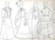 Beginning of the 20th century European women's clothing. Drawing by M. Matu&scaron;akaitė, 1981. (the original drawing is at KTU Museum)