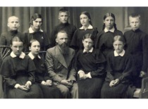 Students of Raseiniai Gymnasium with their teacher, 1939. E. Sto&scaron;kutė is the 4th from the left in the 2nd row. (photograph by D. Zolinas) (E. Grinienė family archive)