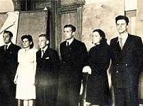 Defence of diploma projects, 15 May 1948. 1st from the right is K. Sasnauskas, 2nd is E. Sto&scaron;kutė. (E. Grinienė family archive)