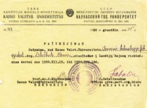 Certificate from the rector of Kaunas State University that lecturer E. Sto&scaron;kutė is being sent to Lazdijai district for election work, 1950. (E. Grinienė family archive)