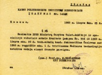 Order of KPI Director Prof. K. Bar&scaron;auskas on the appointment of Č. Jakimavičius as the head of the Department of Wood Technology, 1960. (KTU Archive)