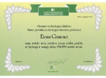 KTU Rector's acknowledgement to Prof. E. Grinienė, 1999. (E. Grinienė family archive)