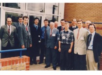 Prof. A. Žiliukas &ndash; head of an international project on nuclear power plant safety, with project participants at the Manchester Science Institute, 2000 (Prof. A. Žiliukas family archive)