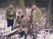 Prof. A. Žiliukas with members of the "Dubysa" hunting club, Doc. J. Palaima, Prof. P. &Scaron;venčianu, and Prof. G. Miliauskas, 2005 (Prof. A. Žiliukas family archive)