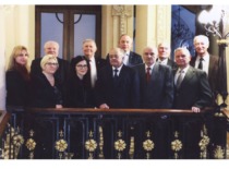 The group of editors of the Dictionary of Mechanical Terms with their leader Prof. A. Žiliukas and KTU Rector Prof. E. Valatka on the balcony of the Lithuanian Academy of Sciences, 2020 (photo by Virginija Valuckienė, Prof. A. Žiliukas family archive)