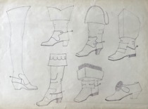 1st half of the 17th century men&rsquo;s footwear. Drawing by M. Matu&scaron;akaitė, 1981. (the original drawing is at KTU Museum)