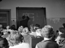 During the lecture at KPI Faculty of Chemical Technology, 1957. (photograph by Konstantinas Sasnauskas, KTU museum)