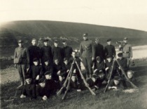 Pupils of the Rygi&scaron;kiai Jonas Gymnasium after shooting practice, 1934. V. Jasiukevičius is the 5th from the right in the 2nd row. (family archive of L. Kudarienė)