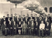 Delegates of the Lithuanian SSR to the USSR Higher Education Staff Meeting in Moscow, Kremlin, 1961 K. Bar&scaron;auskas is in the 1st row, on the right, 5th from the left is Rector of Vilnius University Jonas Kubilius. (the original photograph is at KTU Museum)
