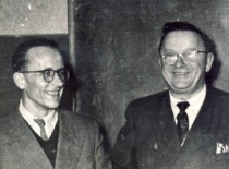 Rector of Vilnius University Jonas Kubilius and Rector of Kaunas Polytechnic Institute K. Bar&scaron;auskas cooperated on the establishment of KPI branch in Vilnius, 1961. (the original photograph is at KTU Museum)
