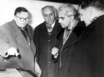 Visit of Mstislav Keldysh, President of the USSR Academy of Sciences to KPI, 1962. In the photograph (from the left): Prof. K. Bar&scaron;auskas is 1st and M. Keldysh is the 3rd. (the original photograph is at KTU Museum)