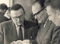 K. Bar&scaron;auskas with his colleagues Dr. E. Jaronis and V. Ilgūnas, 6th decade of the 20th century. (the original photograph is at KTU Museum)
