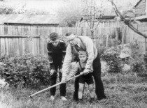 K. Bar&scaron;auskas teaches his sons to mow, 1958. (the original photograph is at Prof. K. Bar&scaron;auskas family archive)