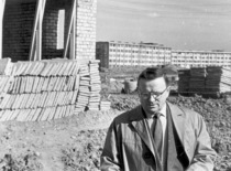Prof. K. Bar&scaron;auskas at the construction of KPI Student Campus, 1964. (the original photograph is at KTU Museum)
