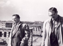 Prof. K. Bar&scaron;auskas and Vice-Rector H. Petrusevičius at the construction of the student campus, 1964. (the original photograph is at KTU Museum)