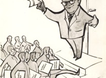 A caricature of Prof. K. Bar&scaron;auskas gifted by the doctoral students on the occasion of his 60th anniversary, 1964. (the original photograph is at Prof. K. Bar&scaron;auskas family archive)