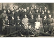 Pupils of Marijampolė Realgymnasium with their teacher M. Smolskienė. K. Bar&scaron;auskas is seated 1st from the right in the 1st row. (the original photograph is at KTU Museum)